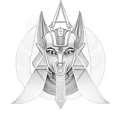 Anubis, the Egyptian god of the afterlife, holding a golden scale with a geometric pattern background tattoo design idea