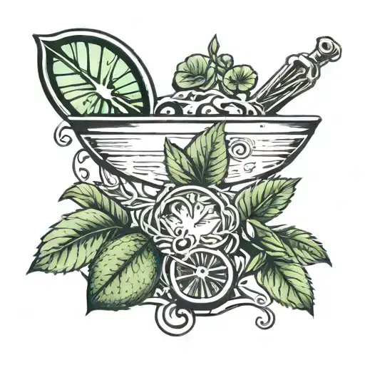 Cocktail shaker and bar spoon intertwined with mint leaves and lime tattoo design idea