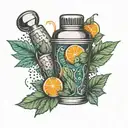 A cocktail shaker with intricate orange and mint leaves intertwined around it tattoo design idea