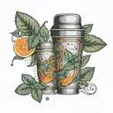 A cocktail shaker with intricate orange and mint leaves intertwined around it tattoo design idea