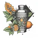 A cocktail shaker with intricate orange and mint leaves intertwined around it tattoo design idea