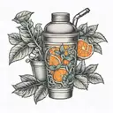 A cocktail shaker with intricate orange and mint leaves intertwined around it tattoo design idea