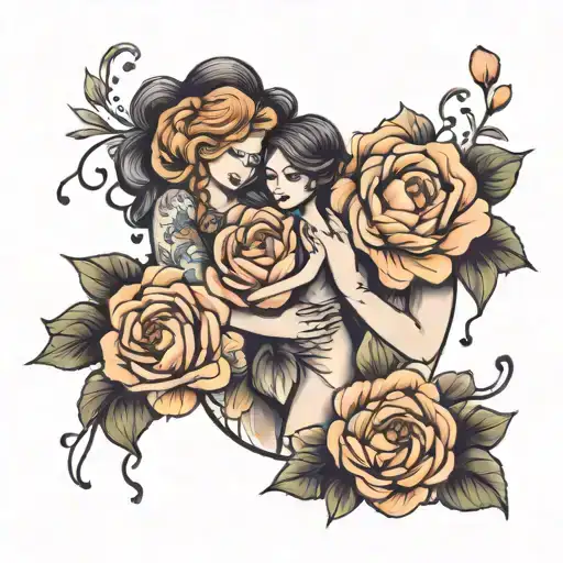 3 daughters holding hands with birth flowers  tattoo design idea