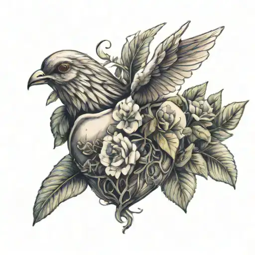 Anatomical heart with plants and flowers surrounding the heart with two doves included tattoo design idea