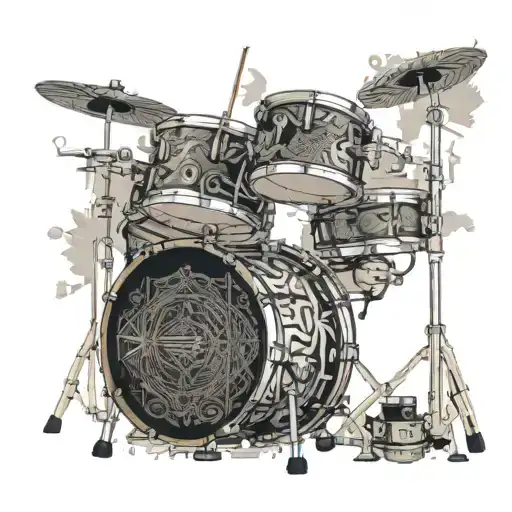 A drum set with intricate patterns and designs, incorporating elements of dotwork style tattoo design idea