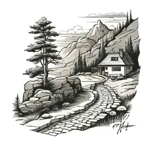 a brick path in the mountains that leads to a house on a hill   tattoo design idea