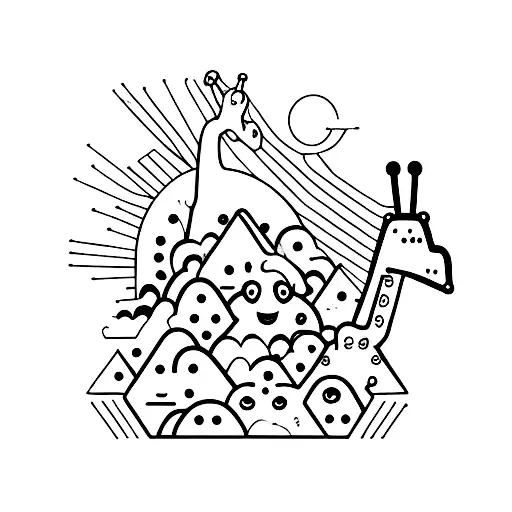 minimal patchwork with a dinosaur, smiling baguette, giraffe tattoo design idea