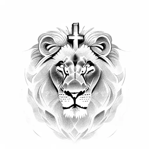 A powerful lion and gentle lamb with a cross in the background tattoo design idea