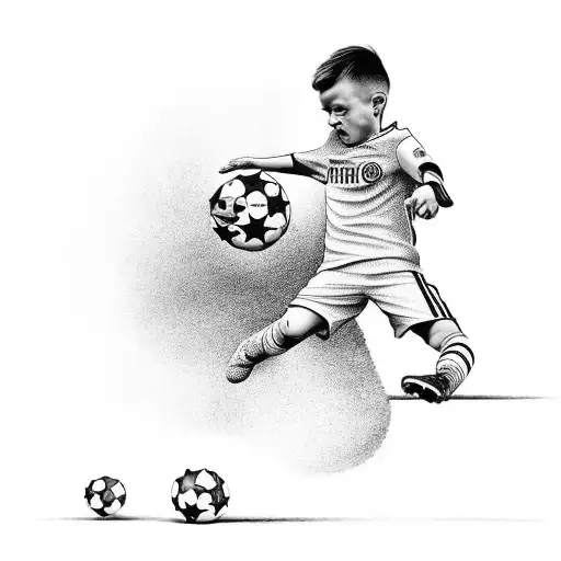 A little boy kicking up a ball in front of the Dortmund Signal Iduna Park. He also wears a jersey with number 2  tattoo design idea