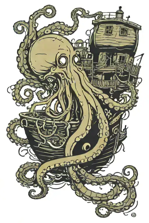 3/4 sleeve of a old sunken ship on the ocean floor, surrounded by darkness, danger, and i giant octopus guarding a chest tattoo design idea