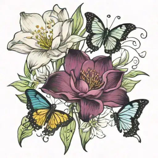 sweet pea flowers and water lily birth flower with two butterflies  tattoo design idea