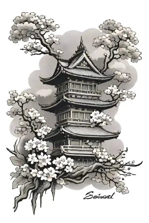 Japanese temple and sakura flowers with clouds surrounding tattoo design idea