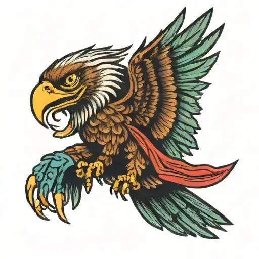 Mexican eagle flying with Mexican flag eating worm tattoo design idea