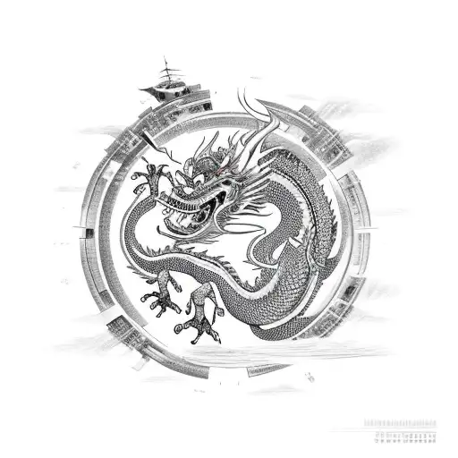Chinese dragon wrapped around the starship Enterprise  tattoo design idea