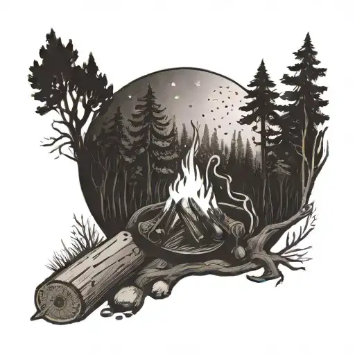 A campfire in the forest with a relaxing vibe tattoo design idea