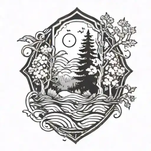 A correction officer badge with elements of nature like trees and waves tattoo design idea