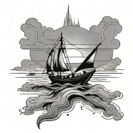 A boat sailing on the water with a sunset in the background tattoo design idea