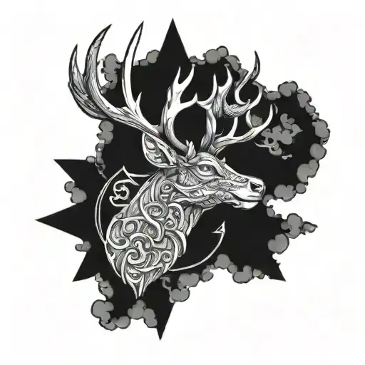 lighting sky, stag head, dragon wrapped around the antlers tattoo design idea