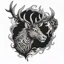 lighting sky, stag head, dragon wrapped around the antlers tattoo design idea