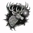 lighting sky, stag head, dragon wrapped around the antlers tattoo design idea