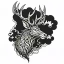 lighting sky, stag head, dragon wrapped around the antlers tattoo design idea