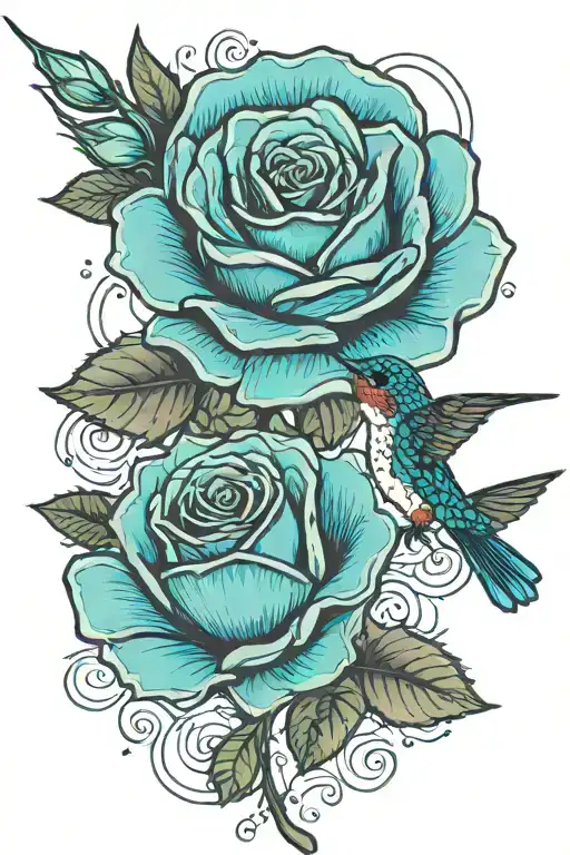 A simple fine line rose with a small stem. Sitting on top of that is a hummingbird shaded in blues  and greens tattoo design idea