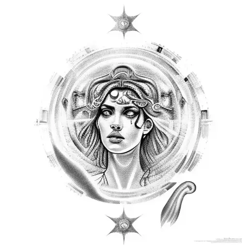 A realistic portrait of the Greek goddess Moirai (the personification of Fate) surrounded by celestial symbols tattoo design idea
