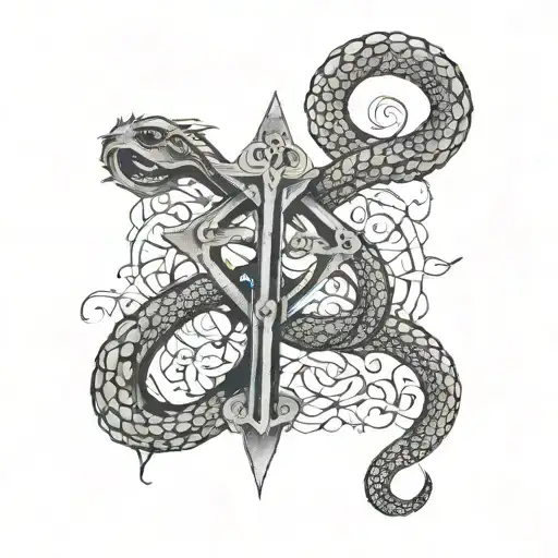faded in cross with a serpent coiled tattoo design idea