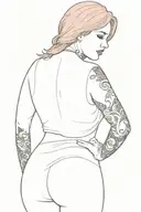 busty, red head, looking over her shoulder, full body, curvy bottom tattoo design idea