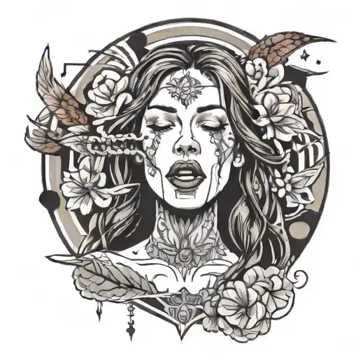 white woman, long straight wet brown hair, tongue sticked out, closed eyes tattoo design idea