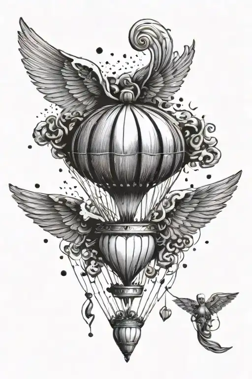 parachute with a hole shaped like a heart shape, person with wings tattoo design idea