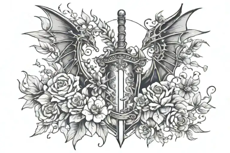fantasy themed bookish tattoo with mini dragons, swords, hanging crystals and flowers tattoo design idea