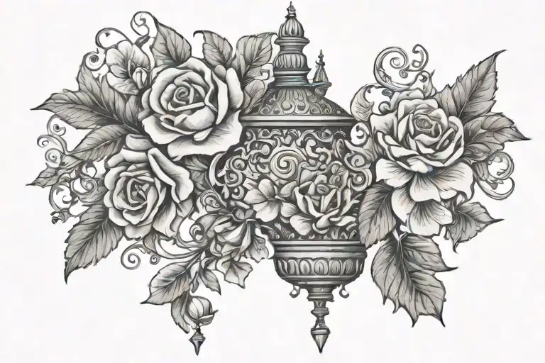feminine floral should cap tattoos with romantic fantasy bookish aspects with chandelier type pieces hanging from it  tattoo design idea