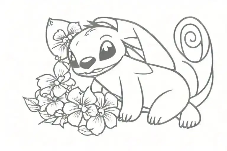 stich from lilo & stitch with flowers intertwined tattoo design idea
