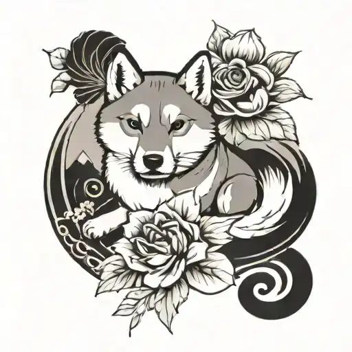 Chinese zodiac, dog, Shiba inu , earth elements, simple, half sleeve, upper arm, small, floral, black and white  tattoo design idea