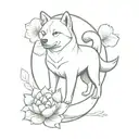 Chinese zodiac, dog, Shiba inu , earth elements, simple, half sleeve, upper arm, small, lotus, black and white  tattoo design idea