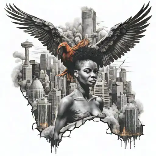 Africa woman PHEONIX RISING FROM the Demolished CHICAGO SKYLINE tattoo design idea