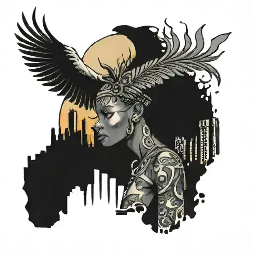 Africa woman PHEONIX RISING FROM the Demolished CHICAGO SKYLINE tattoo design idea