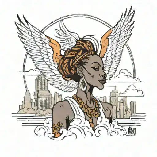 Africa woman PHEONIX RISING FROM the Demolished CHICAGO SKYLINE tattoo design idea