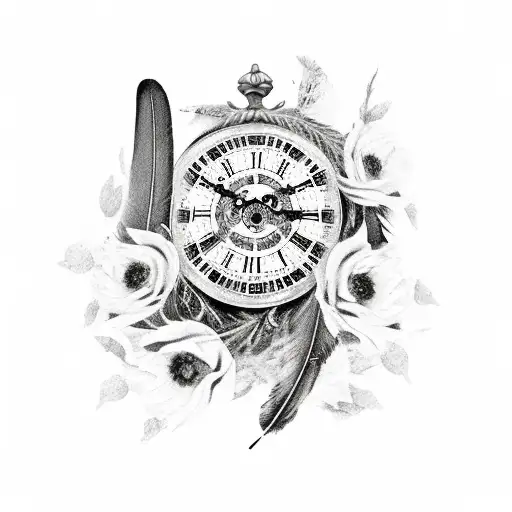 feather with roses with wolf with Roman clock tattoo design idea