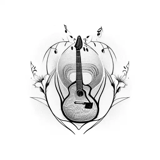 A guitar made of daffodil flowers with musical notes as the sound waves tattoo design idea