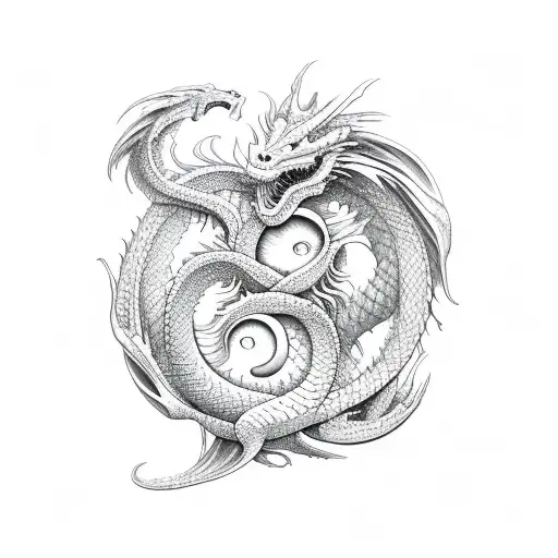vertical composition Dragon japaneese with ying and yang tattoo design idea