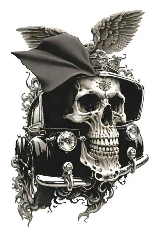 realistic skull blending in with a rolls Royce car  tattoo design idea