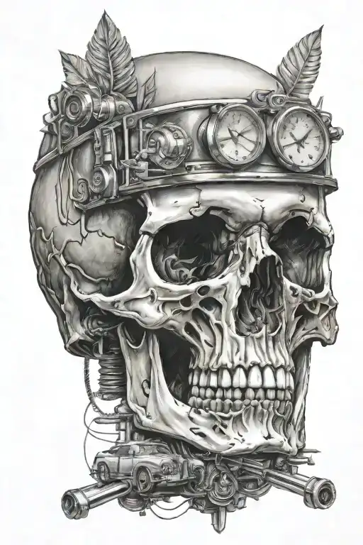 realistic skull  with a rolls Royce car  tattoo design idea