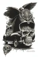 realistic skull blending in with a rolls Royce car  tattoo design idea