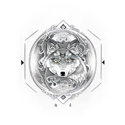 wolf whit moon and use yin yang concept tattoo design idea