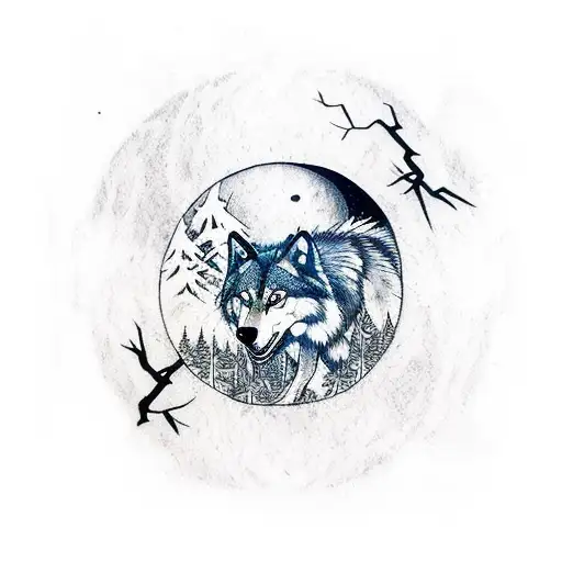 wolf in a forest looking a moon and use yin yang concept tattoo design idea