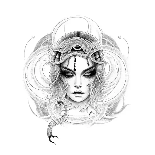 A hauntingly beautiful tattoo of Eve with a snake wrapped around her, using dotwork style tattoo design idea