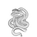 Eva in profile looking forward while holding an apple and looking at the snake coiled around a tree in front of her. tattoo design idea
