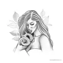 Eva in profile looking forward while holding an apple and looking at the snake coiled around a tree in front of her. tattoo design idea